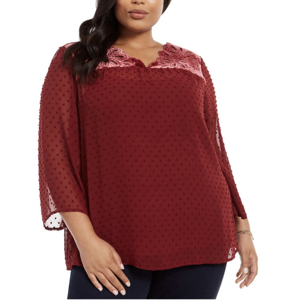 NEW Style & Co Red Swiss Dot Velvet Yoke Sheer Top Plus Size 2X Eyelet Floral
